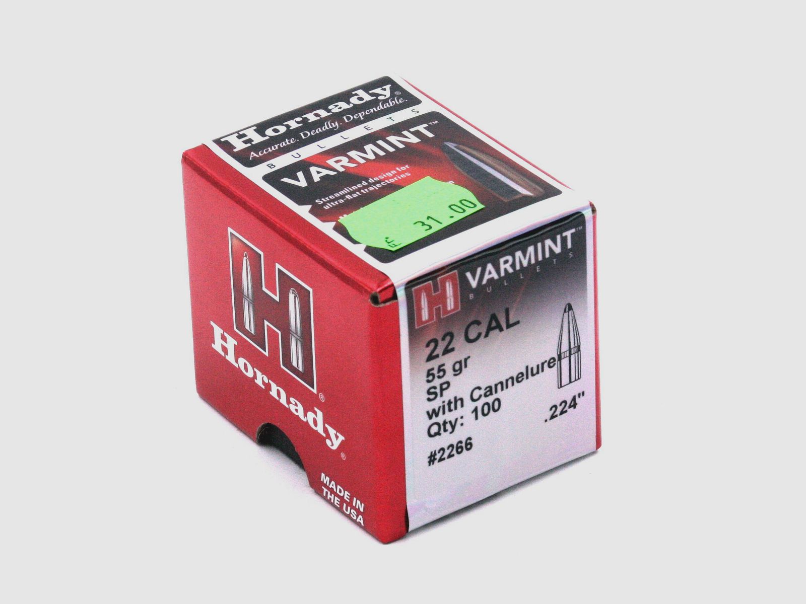 Büchsengeschosse, Hornady .224 SP W/C, 55gr, 100 Stk, .223 Rem.