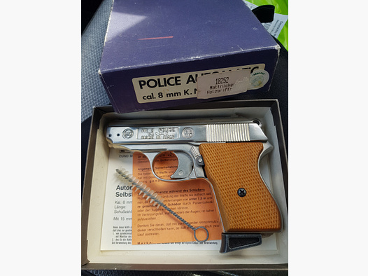 Preis gesenkt!  Seltene ME 8 Police Matt Nickel m. Holzgriffe  in OVP PTB 519 Cuno Melcher 8mm K.