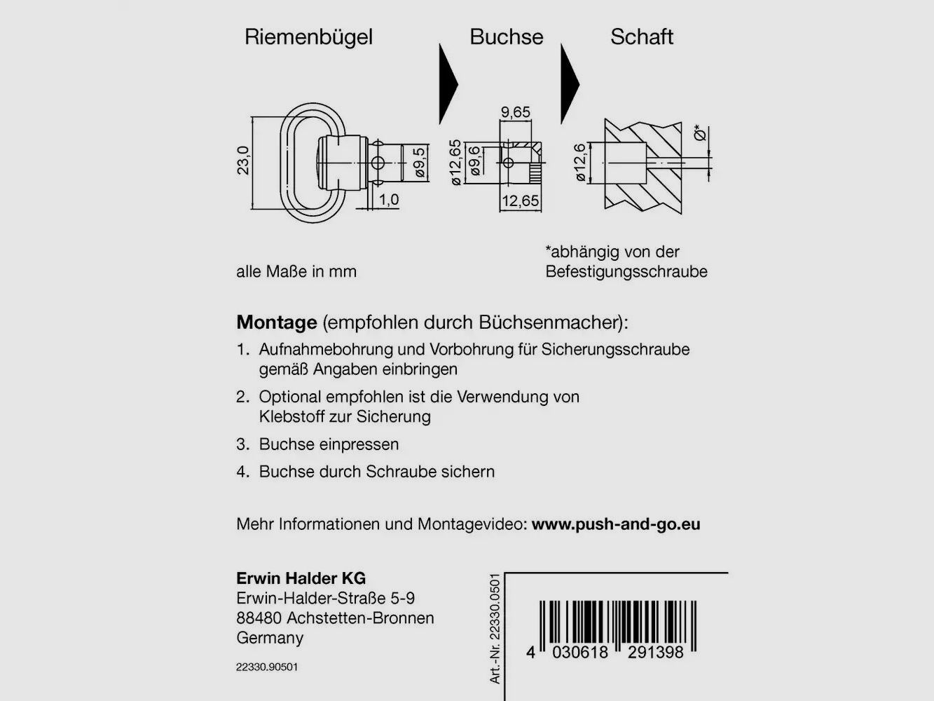 Halder Riemenbügel und Buchse "Push & Go" für Holzschäfte