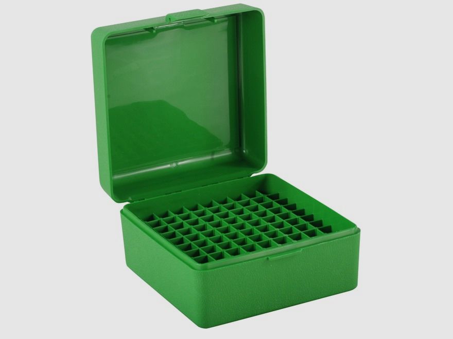 Boîte à cartouches MTM RS-100-10 verte avec couvercle rabattable pour 100 cartouches .223 et autres.