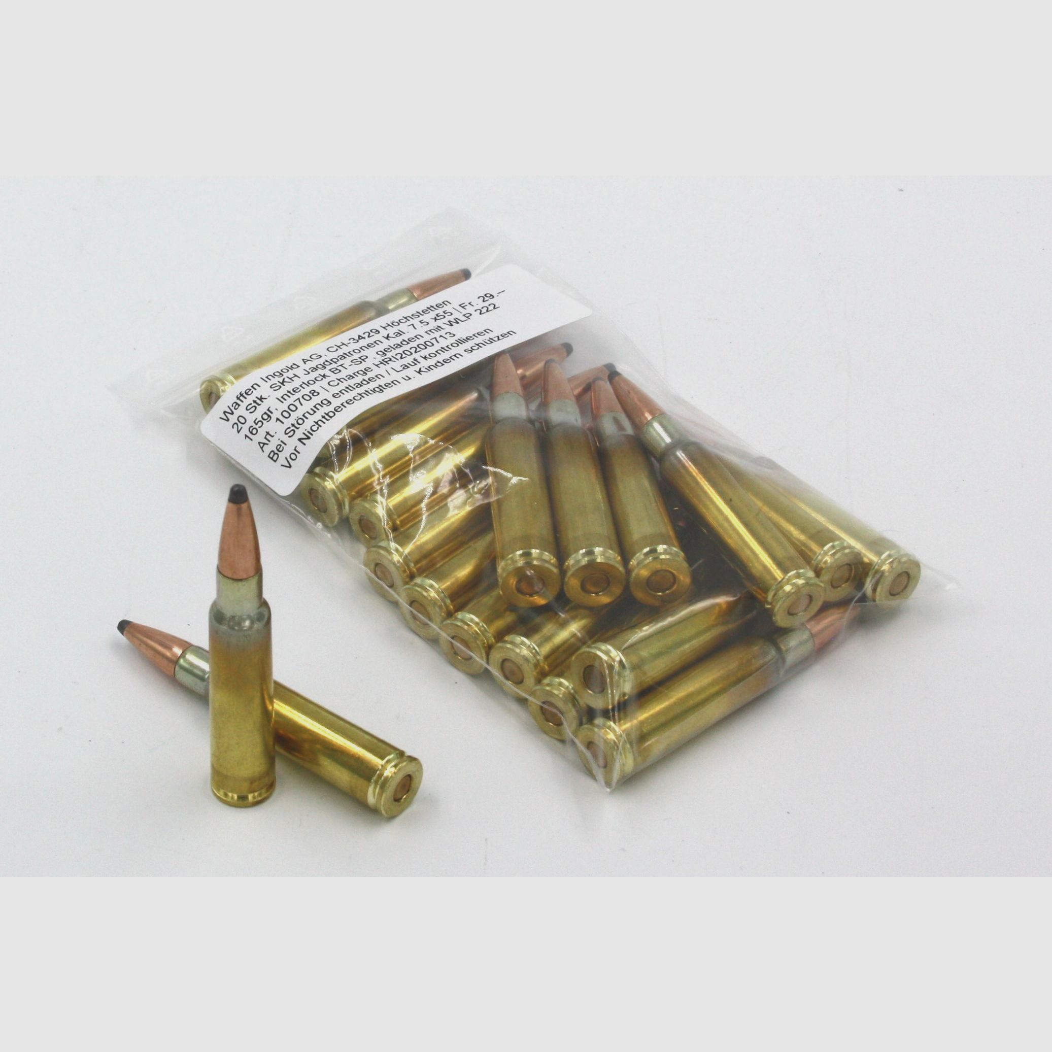 SKH Jagd, 7.5 x 55mm Übungspatrone, Interlock BT-SP, 165 gr. 20 Stk.
