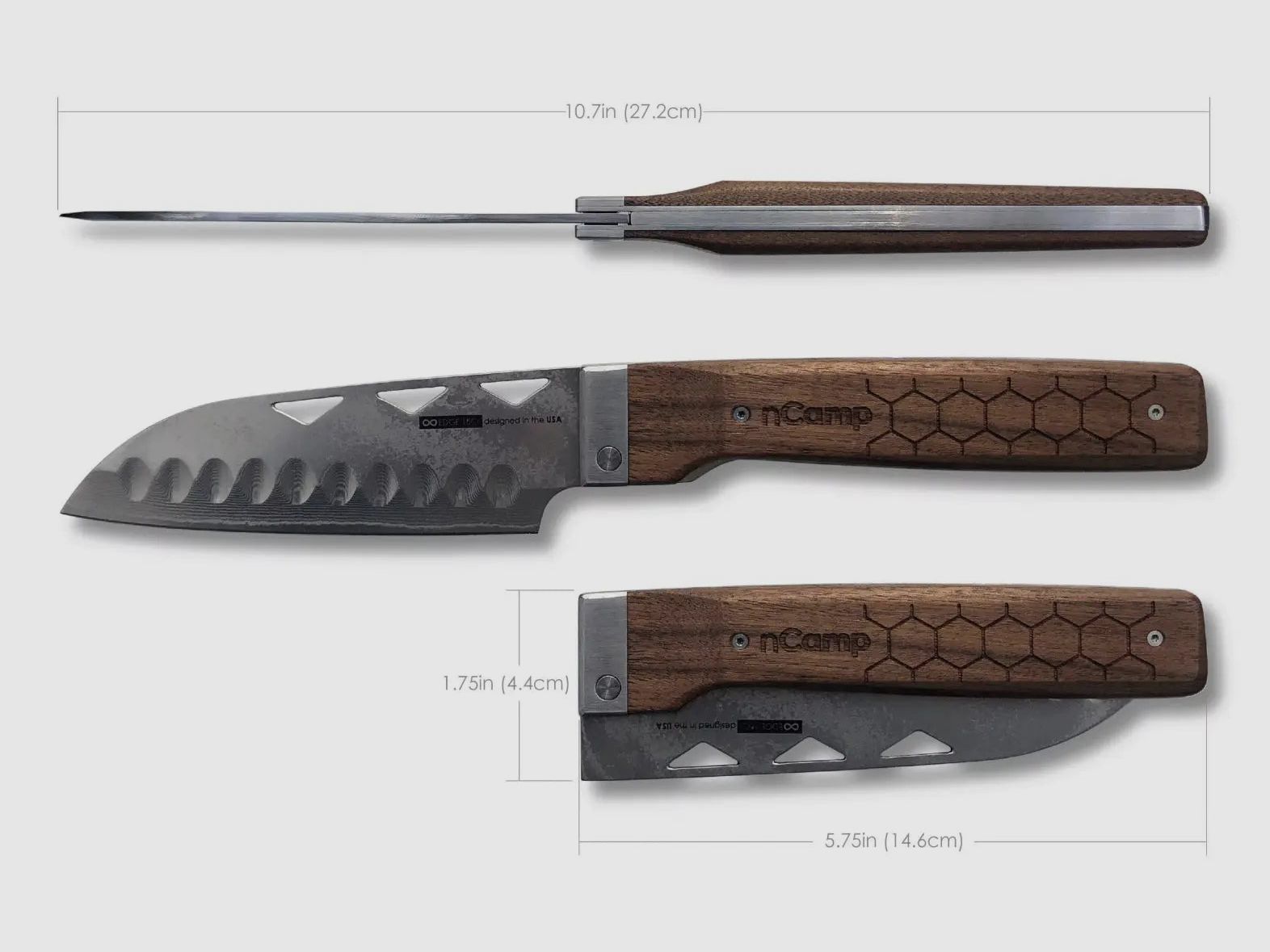 nCamp Elite Couteau de Préparation Alimentaire de Style Santoku (Lame en Damas/Poignée en Noyer) avec Étui en Cuir