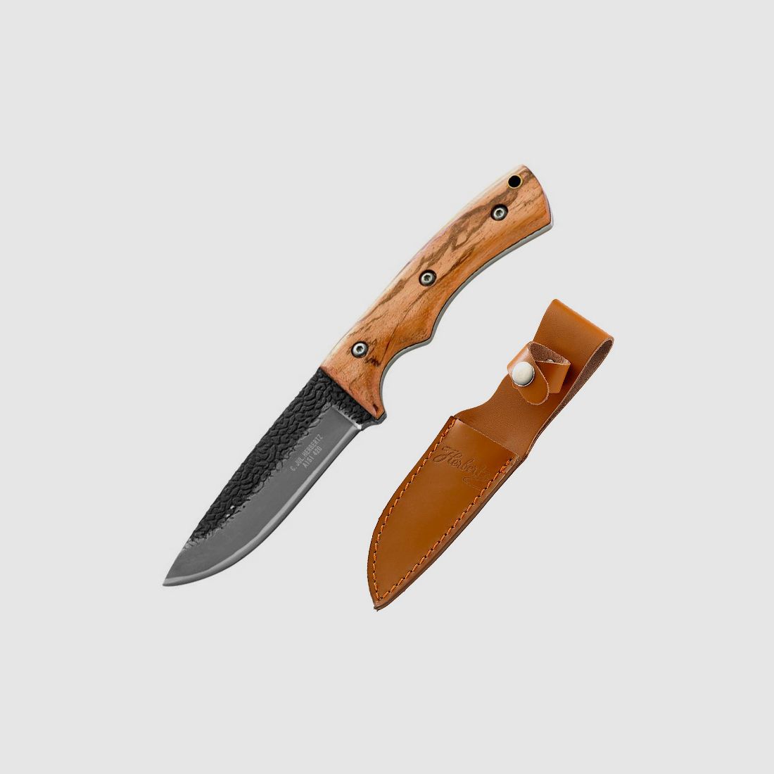 Knife, zebra wood, leather sheath, rustic forge look