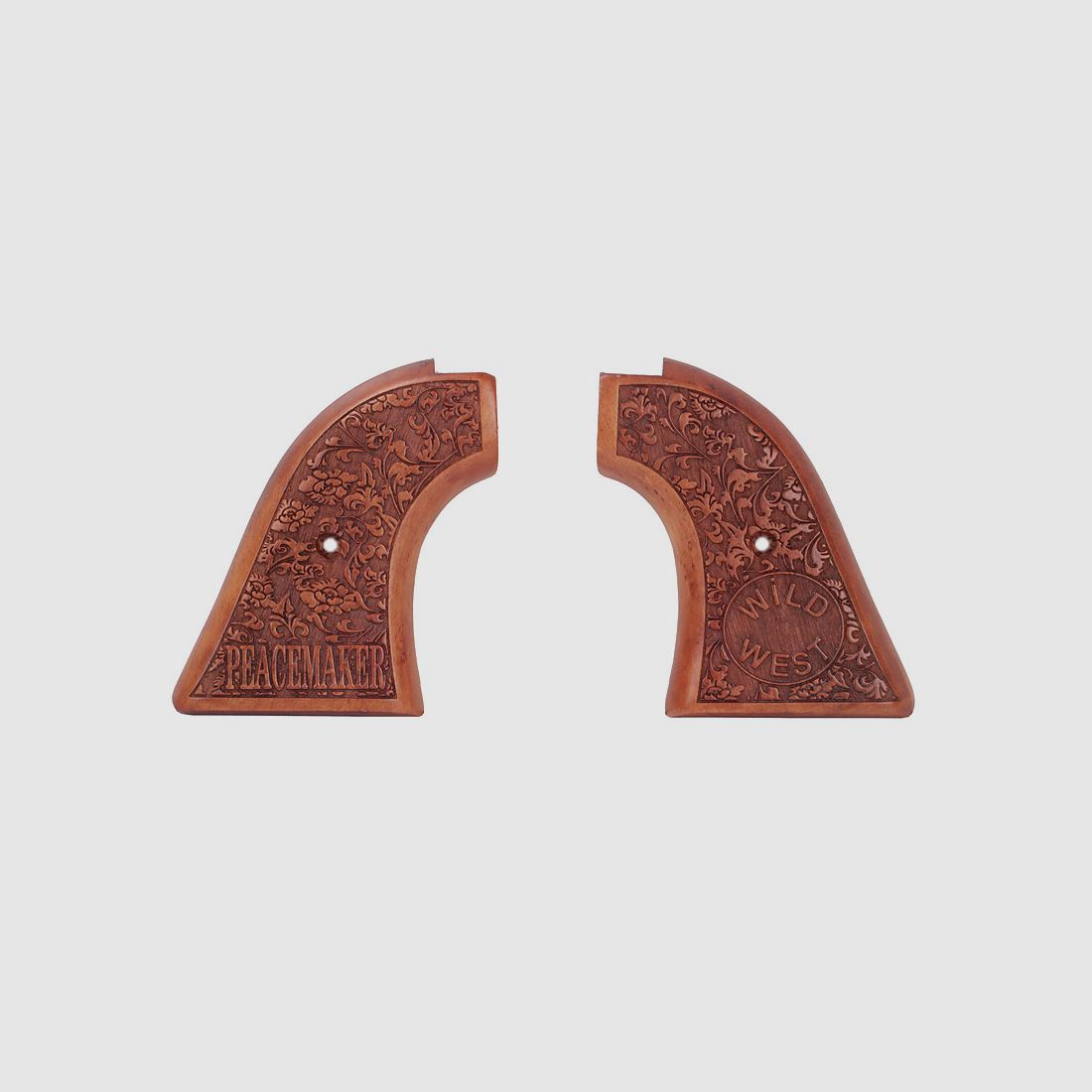 Holzgriffschalen fĂĽr Schreckschuss-, Gas-, Signalrevolver HS21 und ME 900 Blumenmuster mit Peacemaker Schriftzug