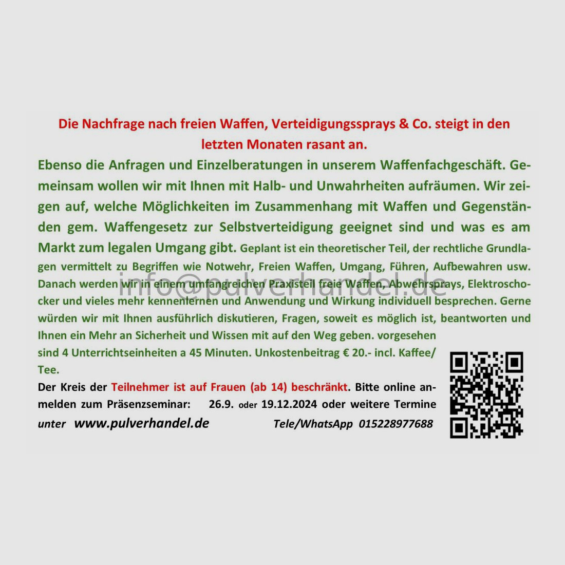 Selbstschutzseminar für Frauen Seminar Schulung Lehrgang Freie Waffen und Gegenstände