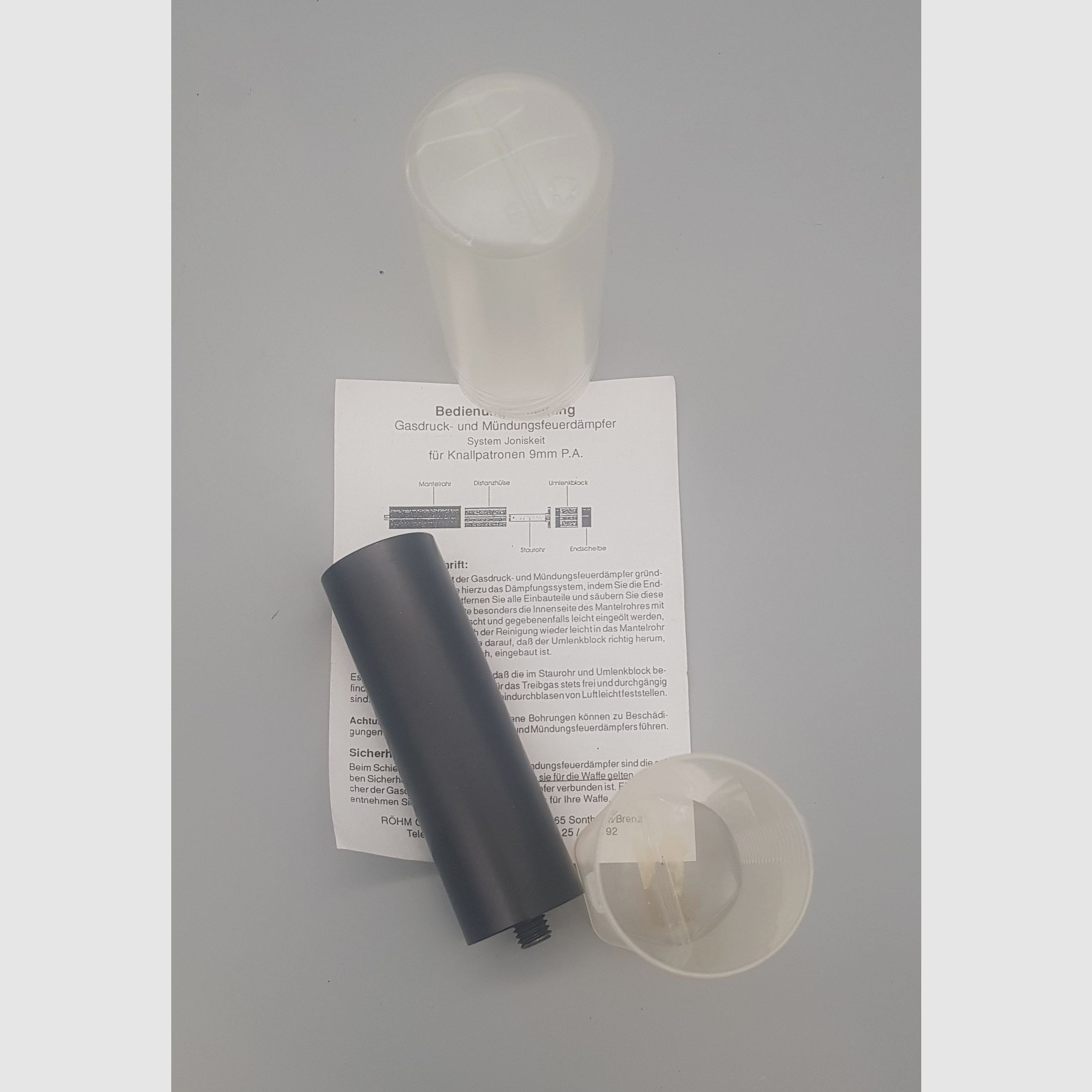 Sammlerstück Joniskeit Röhm Sicherheitskompensator Schalldämpfer Schreckschuss SRS Pyrobecher PAK 9mm Knall RK