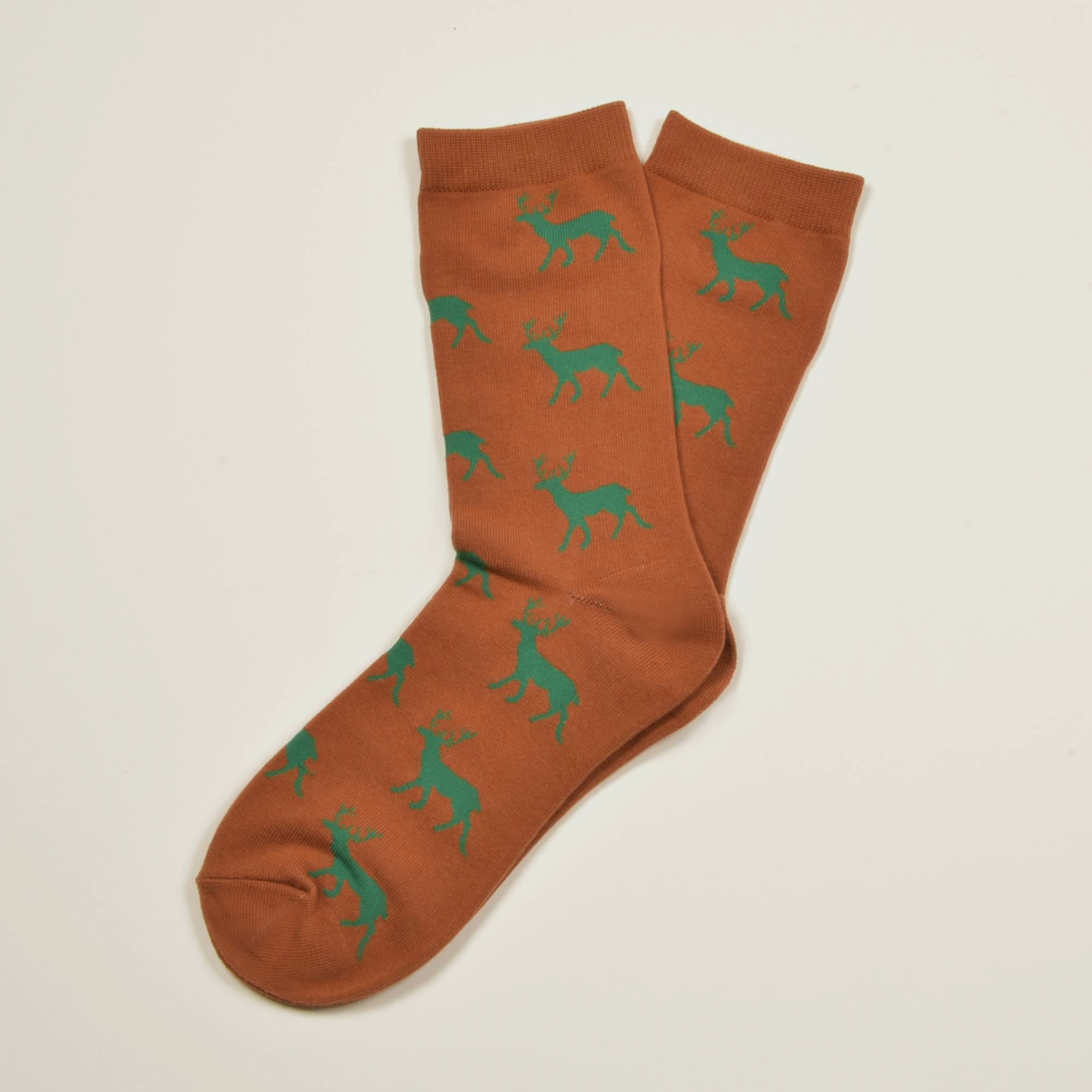 Braune Socken, Hirsch in Grün 41-46