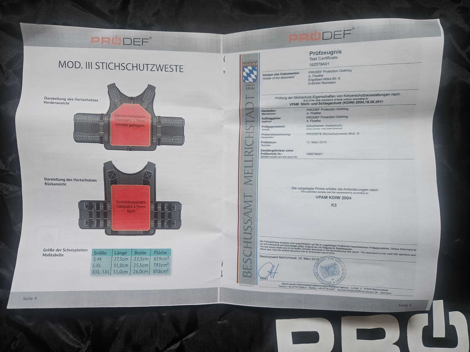 Certyfikowana kamizelka ochronna PRODEF® Mod. III, ochrona przed kłuciami, kopnięciami i cięciami