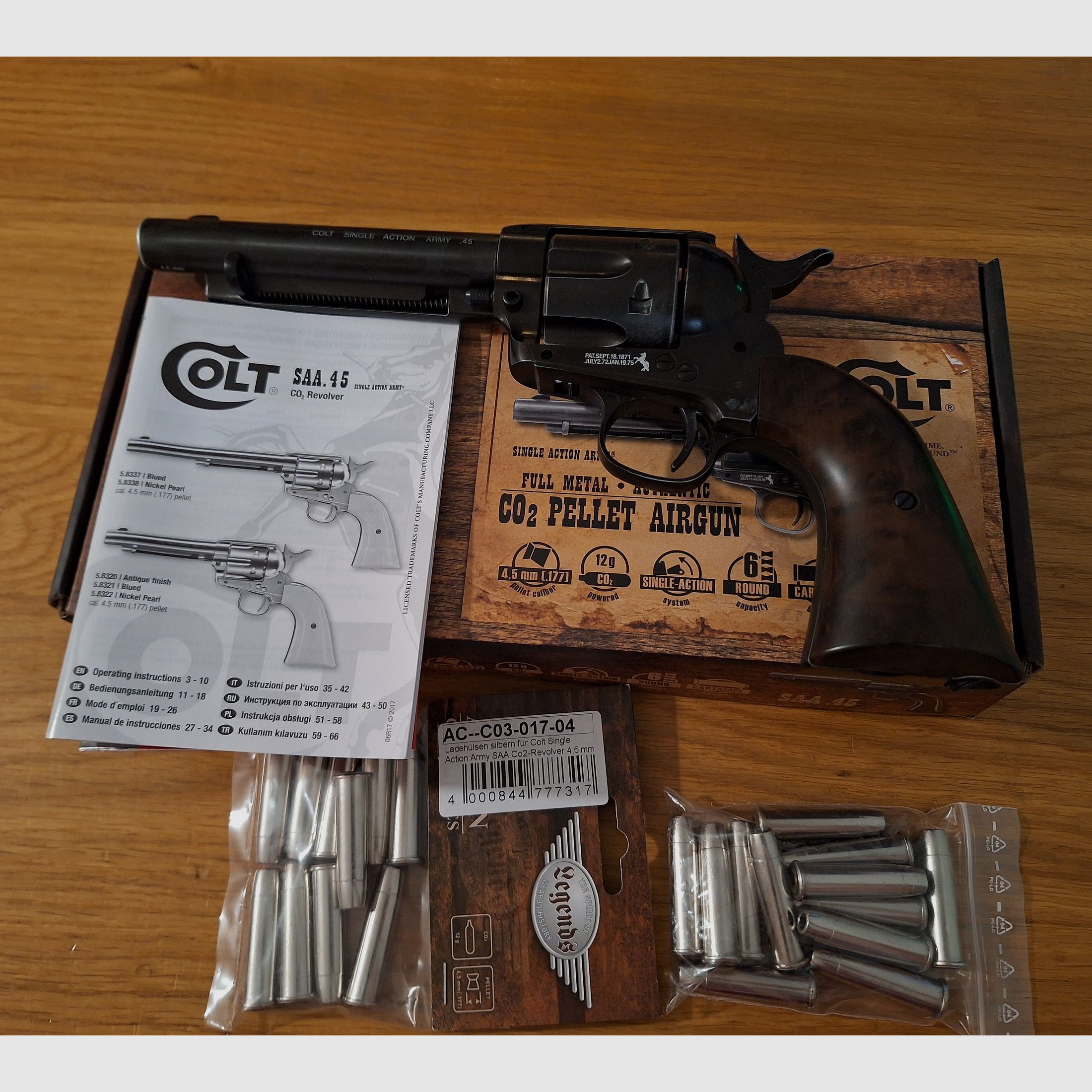 Colt Single Action Army (SAA) Co2 4,5 mm Diabolo gezogener Lauf realistisches Nachladen mit 22 Ladehülsen antik finish
