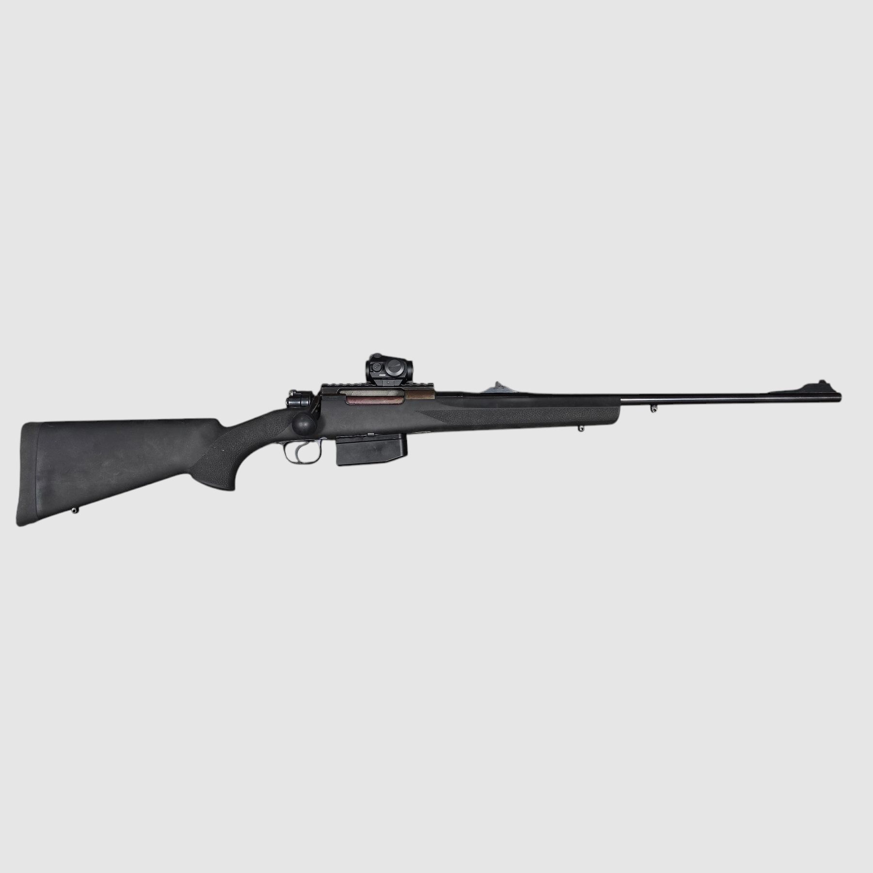 K98 system with open sights in Hogue stock with removable 5-round magazine and Vortex scope, Timney tuning trigger