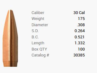 Barnes Geschoss .30/.308 175GR Match Burners BT 100 Stück