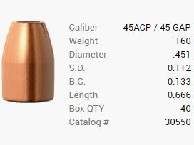 Barnes bullet .45 ACP/.45 Gap/.451 160GR M/LE Tac-XP Pistol FB 40 pieces