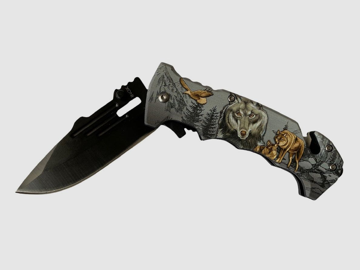 AUSONIA 026374 COLTELLO DA TASCA LAMA INOX MANICO ALLUMINIO LUPO 3D