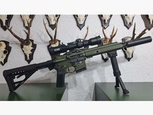 Schmeisser Schmeisser AR15-S4F Sport .223 Rem,OD Green -JAGDVERSION mit Schalldämpfer SD15 , Zielfernrohr DDOPTICS 1,5-15x40 , Hiperfire Competition-Abzug etc.