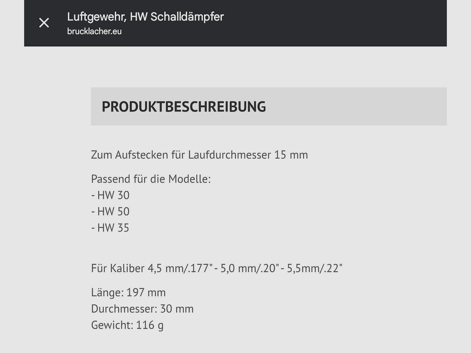 Schalldämpfer für Luftgewehr/ Lauf 15 mm