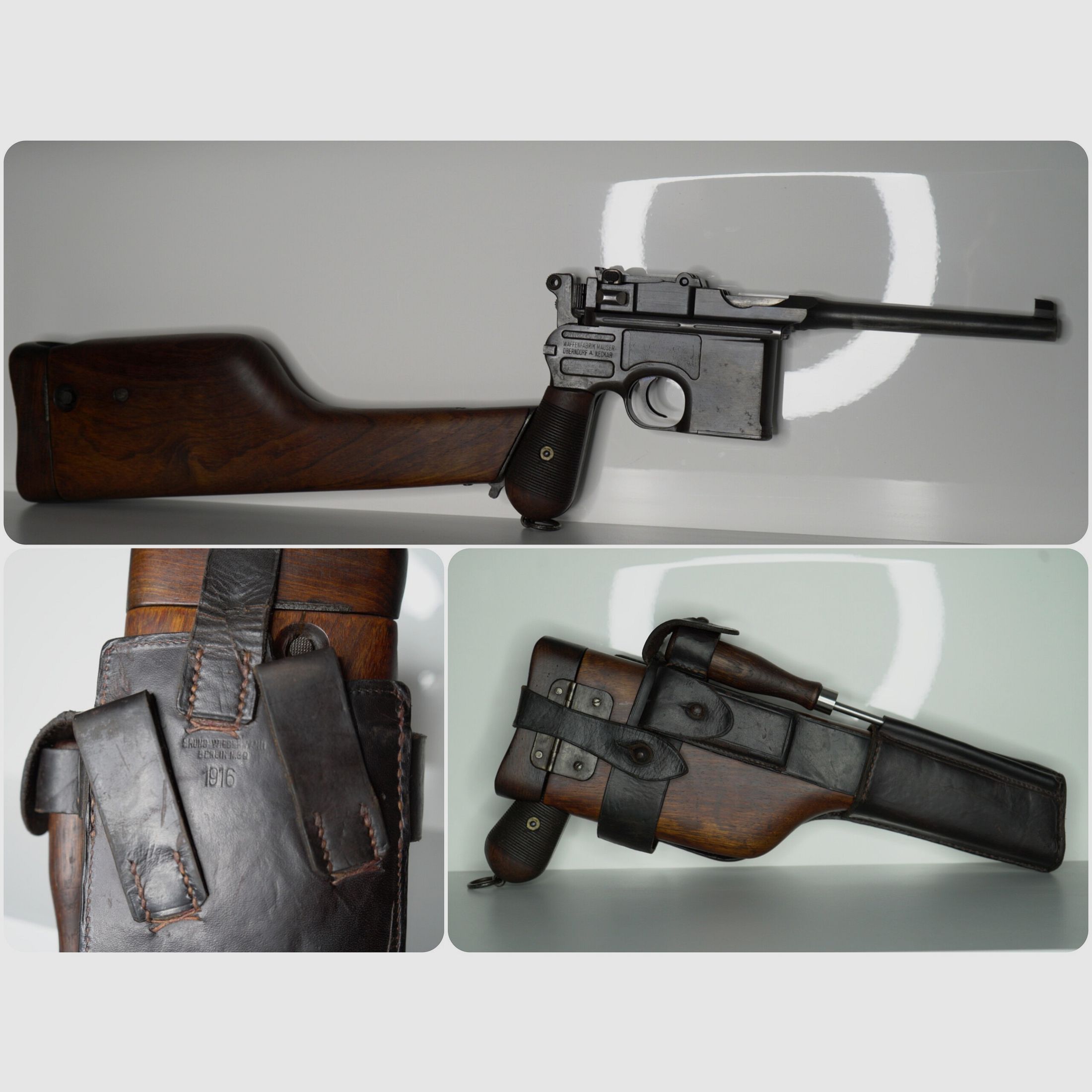 Mauser C96 / Oberndorf A. Neckar / 7,63 mm Mauser / 1916 / Anschlagkasten / Lederholster / Munition