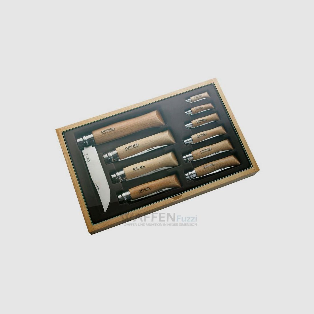 Opinel pocket knife assortment in wooden box