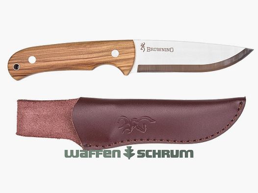 Couteau de chasse Browning Korvar lame fixe longueur 7,5 cm / poignées en bois d'olivier / avec étui en cuir