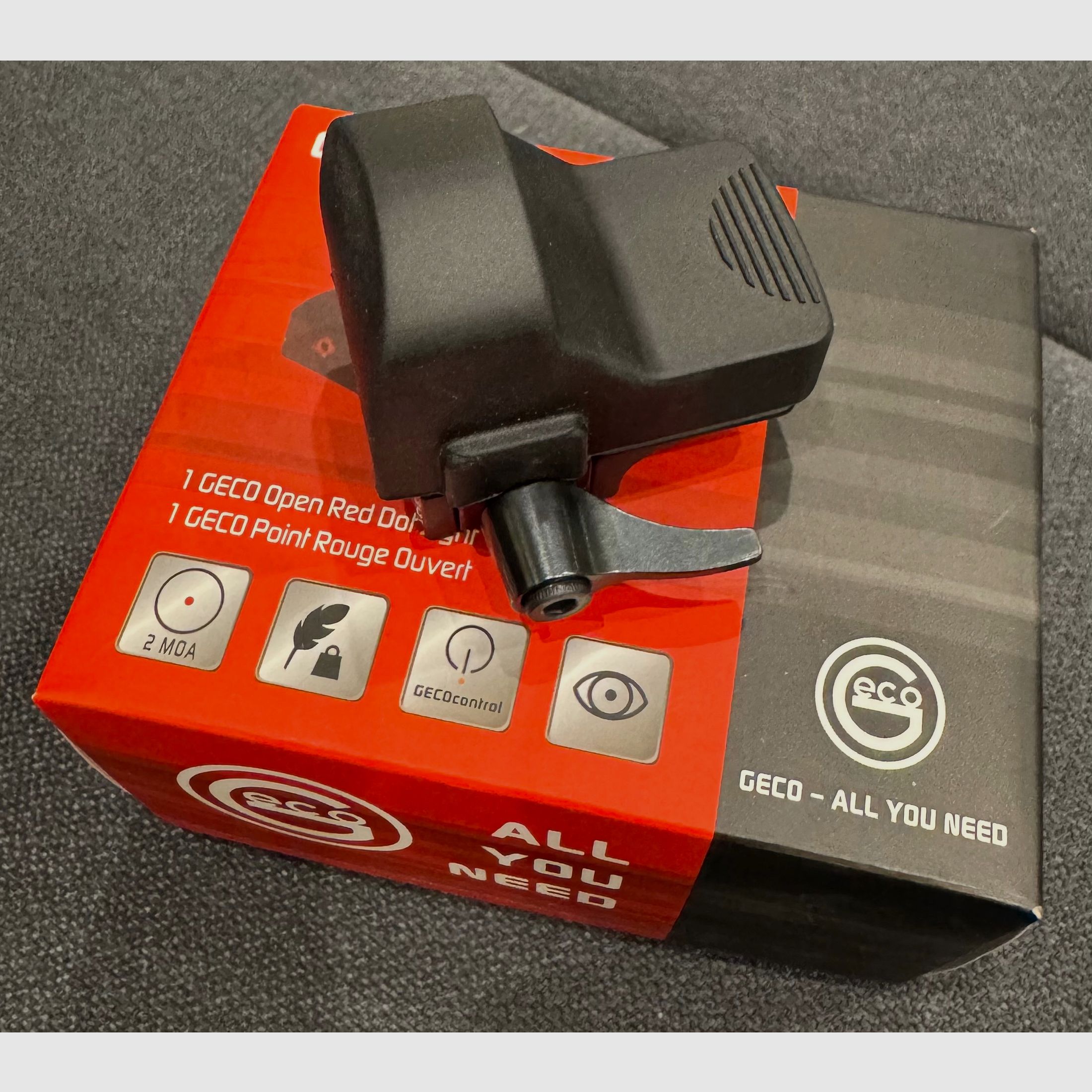 GECO Open Red Dot Sight - Visor de punto rojo 2 MOA con montaje Picatinny y OVP