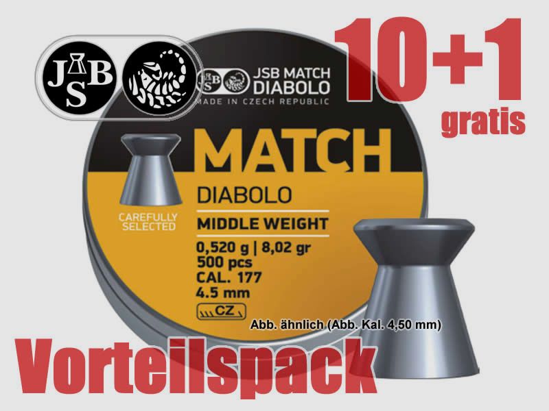 10+1 GRATIS x 500 StĂĽck Match-Diabolo JSB MATCH MIDDLE LG, Kal. 4,50 mm, 0,520 g