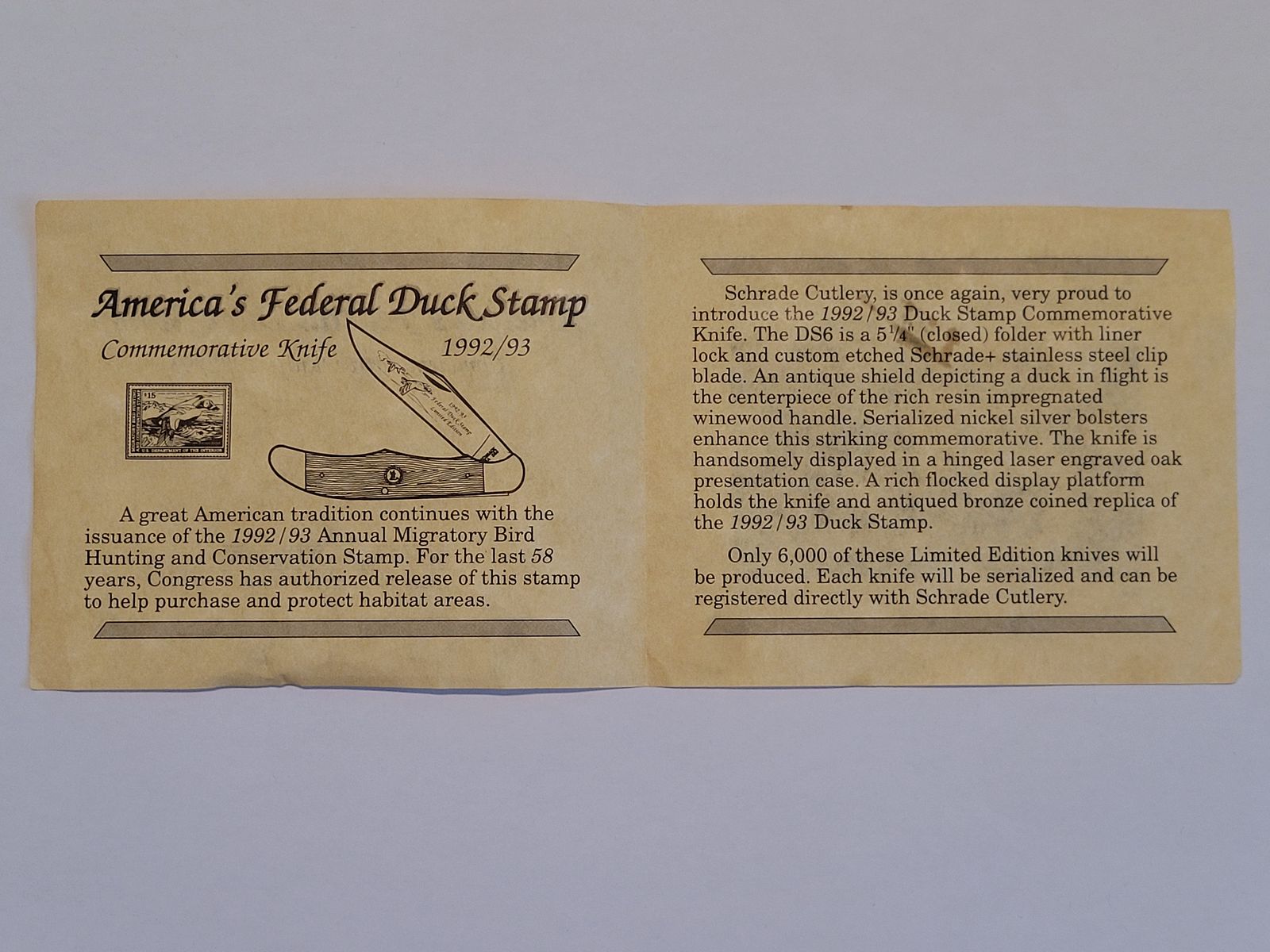Schrade Cutlery Ducks Stamp Commemorative Knife, Limited Edition 1992-1993, Messer in Holzkiste