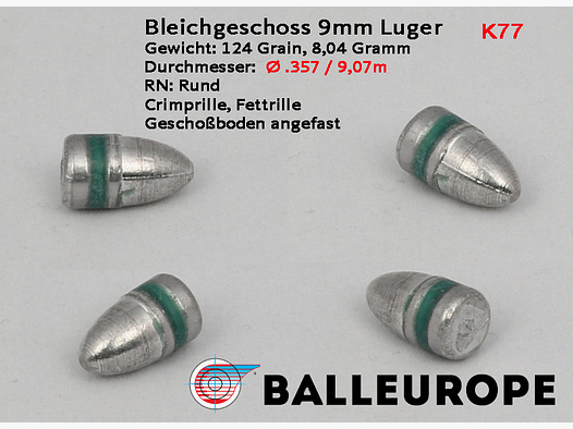 9mm: 500 Stück 9mm Luger Ø .357 / 9,07mm RN BB Bleigeschosse FCP 124 Grain Crimprille Balleurope K77