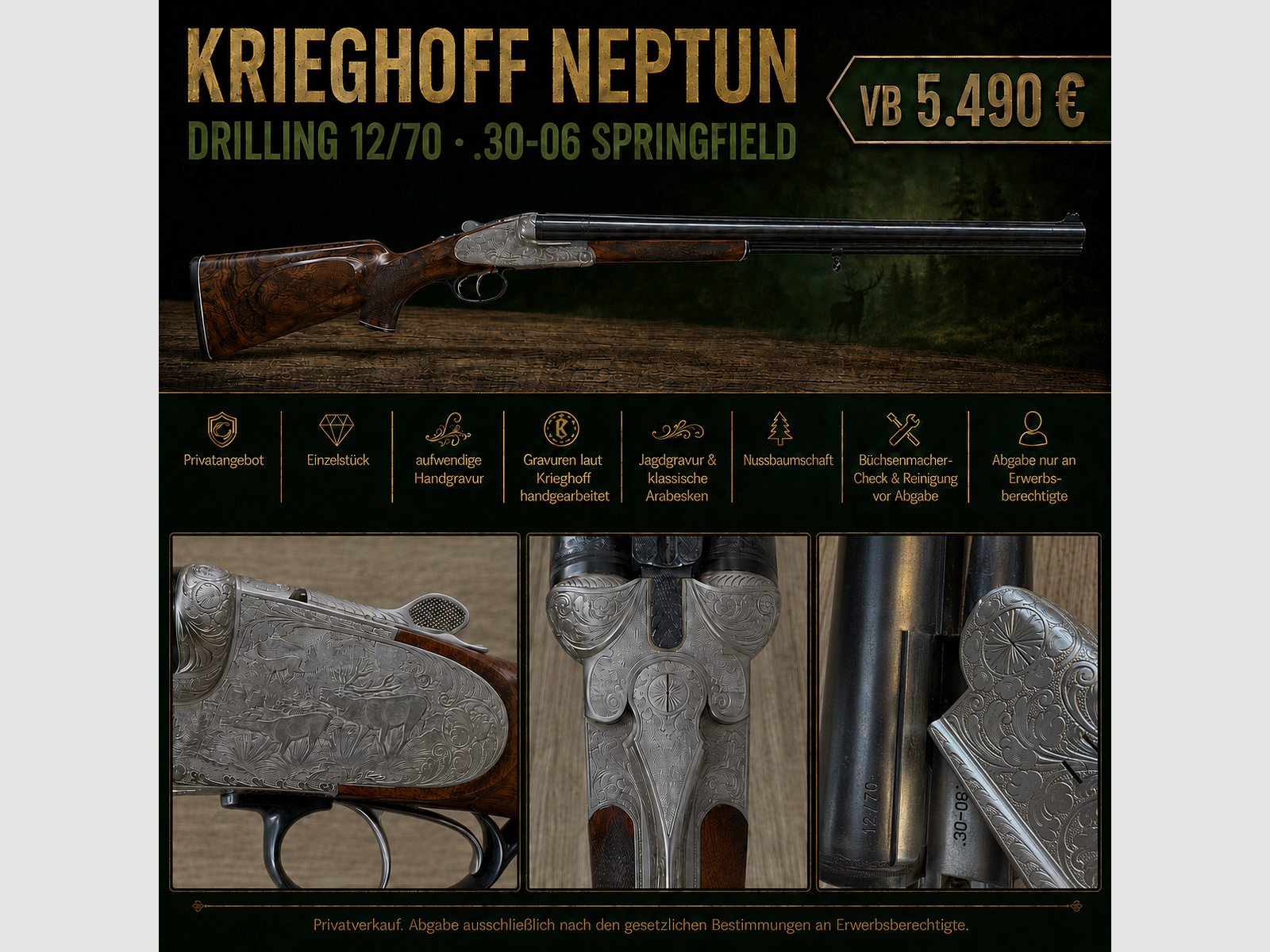 Krieghoff Neptun Dryling 12/70 – .30-06 Springfield – misterna ręczna grawerka, zdjęcie 1 z 7