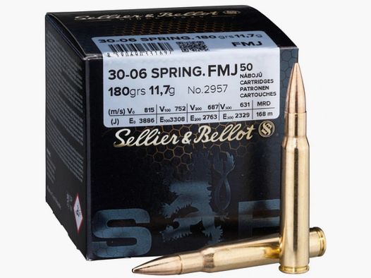 50 Schuss S&B Sellier & Bellot .30-06 SPRING Vollmantel 11,7g 180gr FMJ Schießkino Patrone Sport SuB