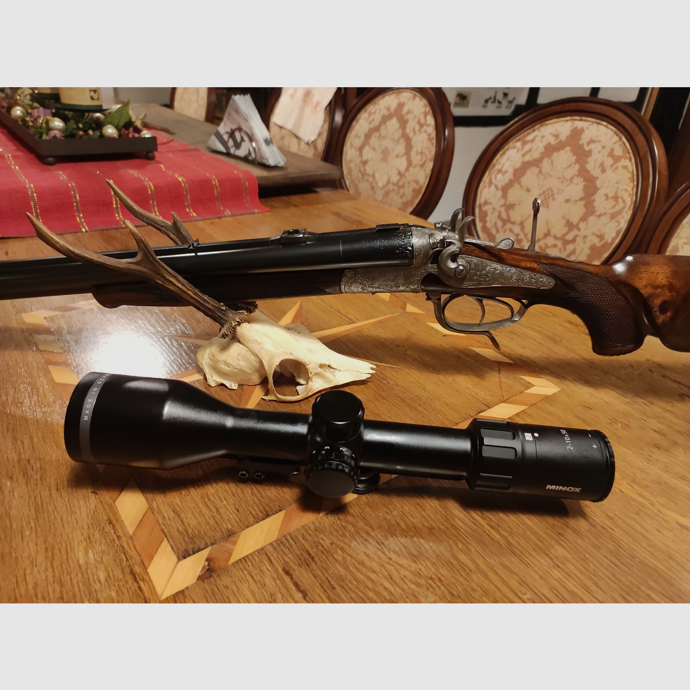 Neuwertiger Ferlacher Drilling 5,6x50R Mag 16/70 Hahndrilling Rouxverschluss kein Krieghoff Blaser Merkel Nimrod Suhl Simson Collath