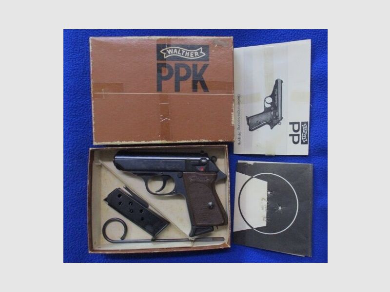 Pistole Walther PPK mit Schachtel, Reservemagazin und Anschußbild PPK