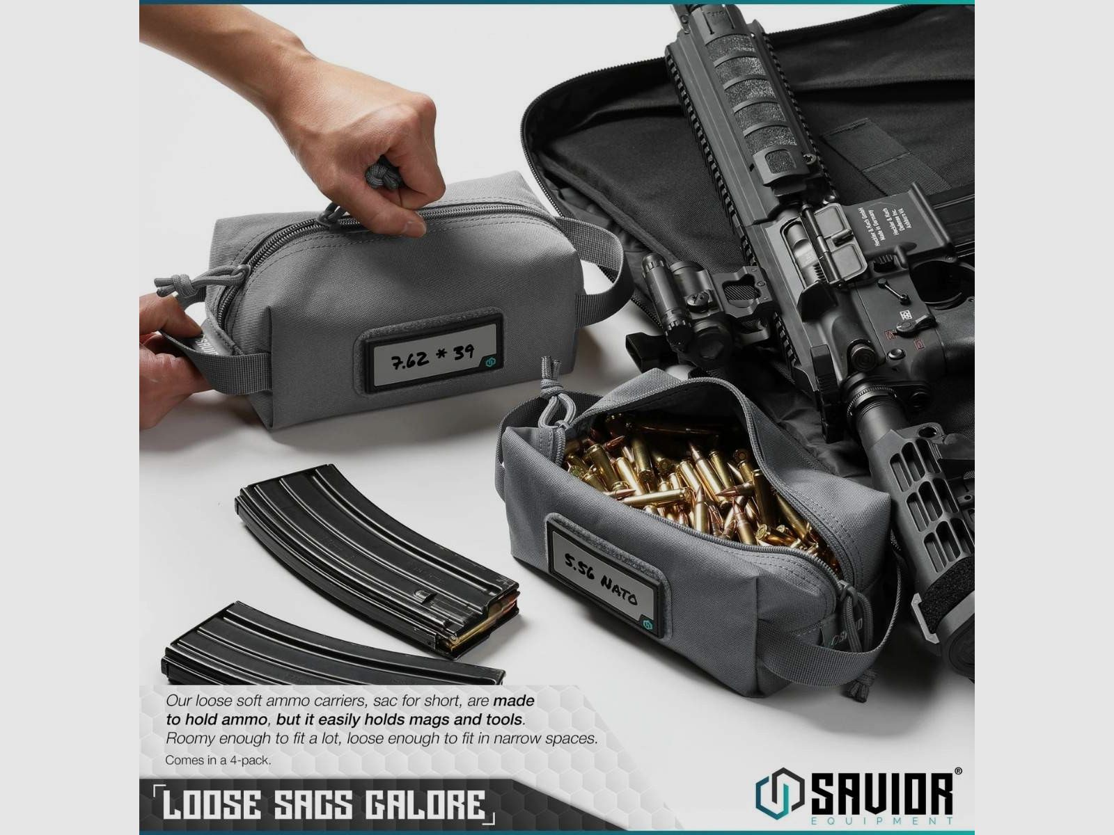 Savior – Borsa per munizioni – Loose Sac – Soft Ammo Carrier confezione da 4 – Grigio – SP-AMST-4P-GS, immagine 2 di 6