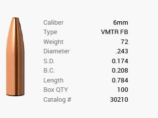 Barnes Geschoss 6mm/.243 72GR Varminator HP FB 100 Stück