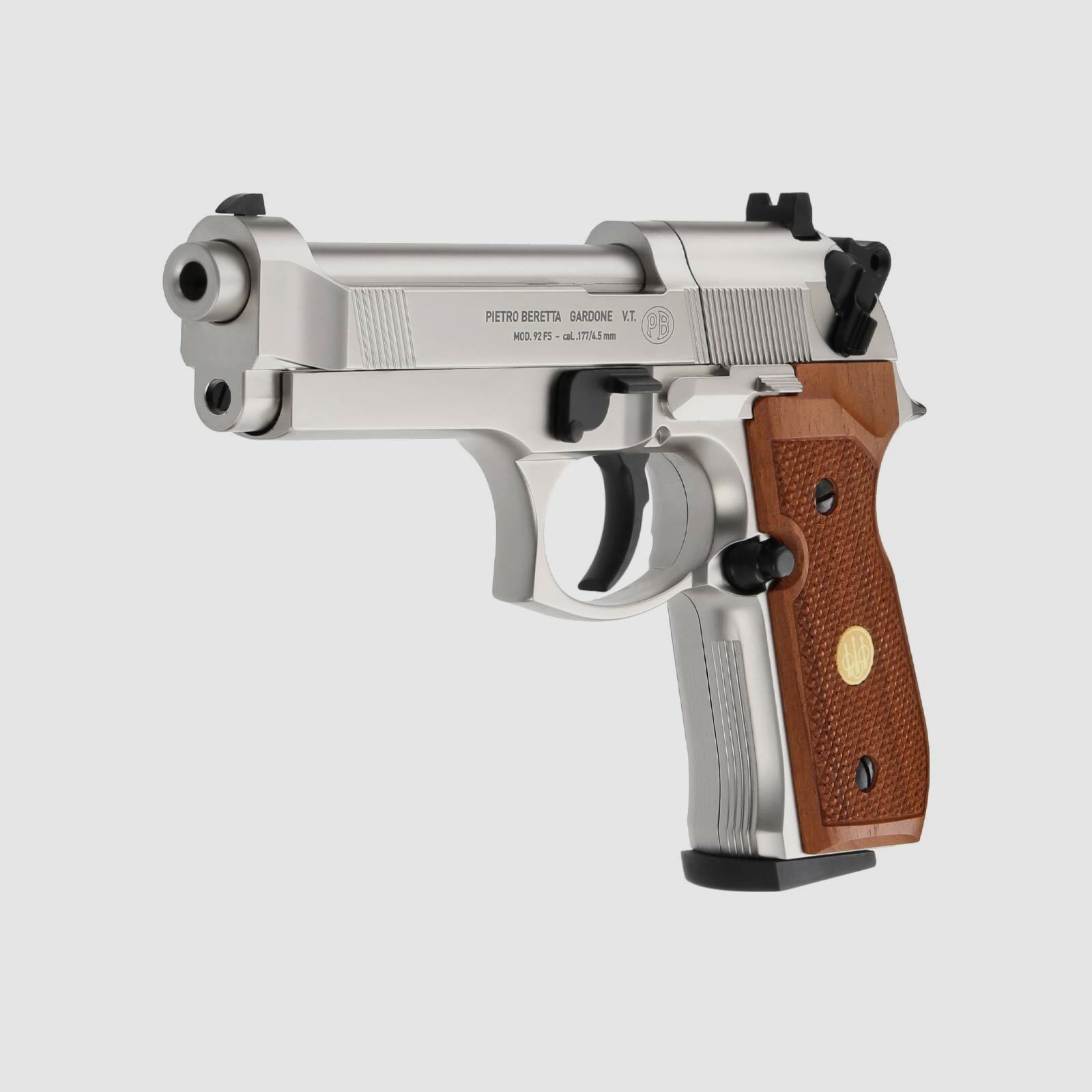 Luftpistolenset Beretta M 92 FS 4,5 mm Diabolo Nickel / Holzgriffschalen (P18) Co2-Pistole + 1000 Diabolos + 10 Co2-Kapseln Umarex