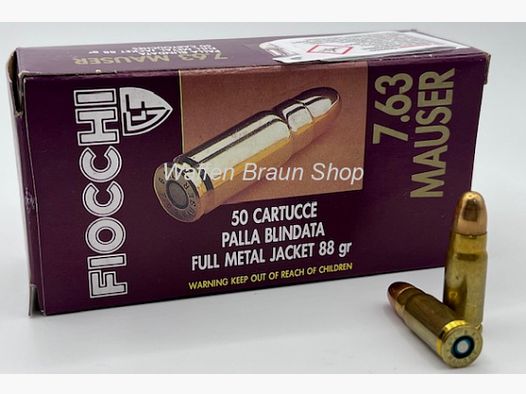 FIOCCHI - Historische Kurzwaffenpatronen 7,63 MAUSER VM / 5,70 G / 88 GRS