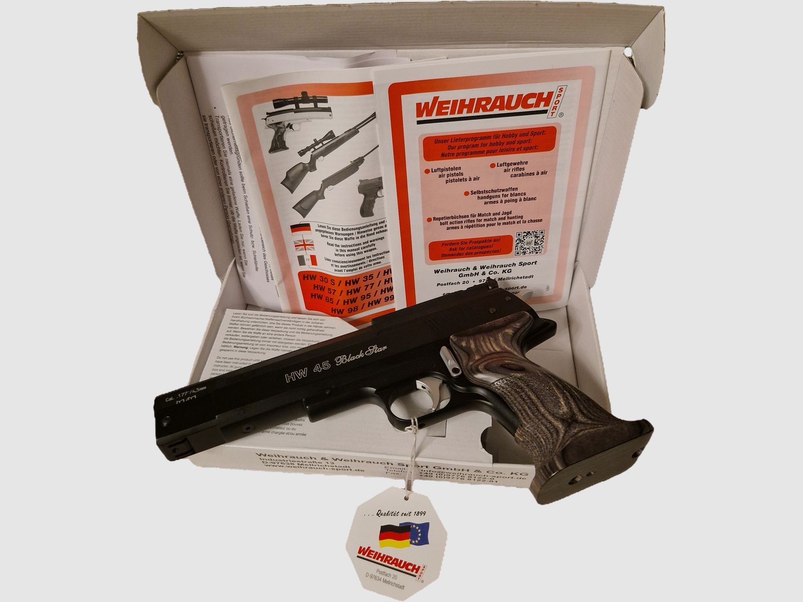 ¡Absolutamente NUEVO!!! Weihrauch HW 45 Black Star Pistola de aire comprimido Pump Cal. 4,5mm Diabolo negra extra fuerte / Inc. Madbull maletín de pistola Deluxe