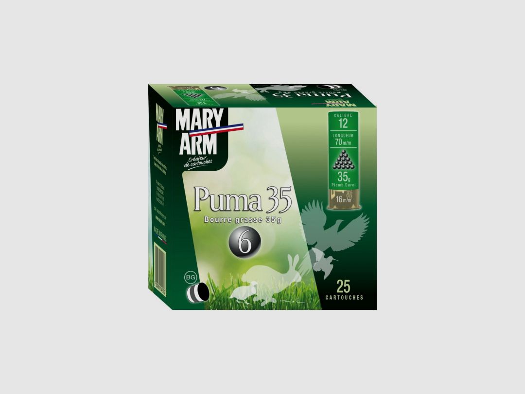 BOX MIT 25 PATRONEN MARY ARM PUMA 35G FETTBAUCH CAL.12/70 BLEI 7, Bild 1 von 2