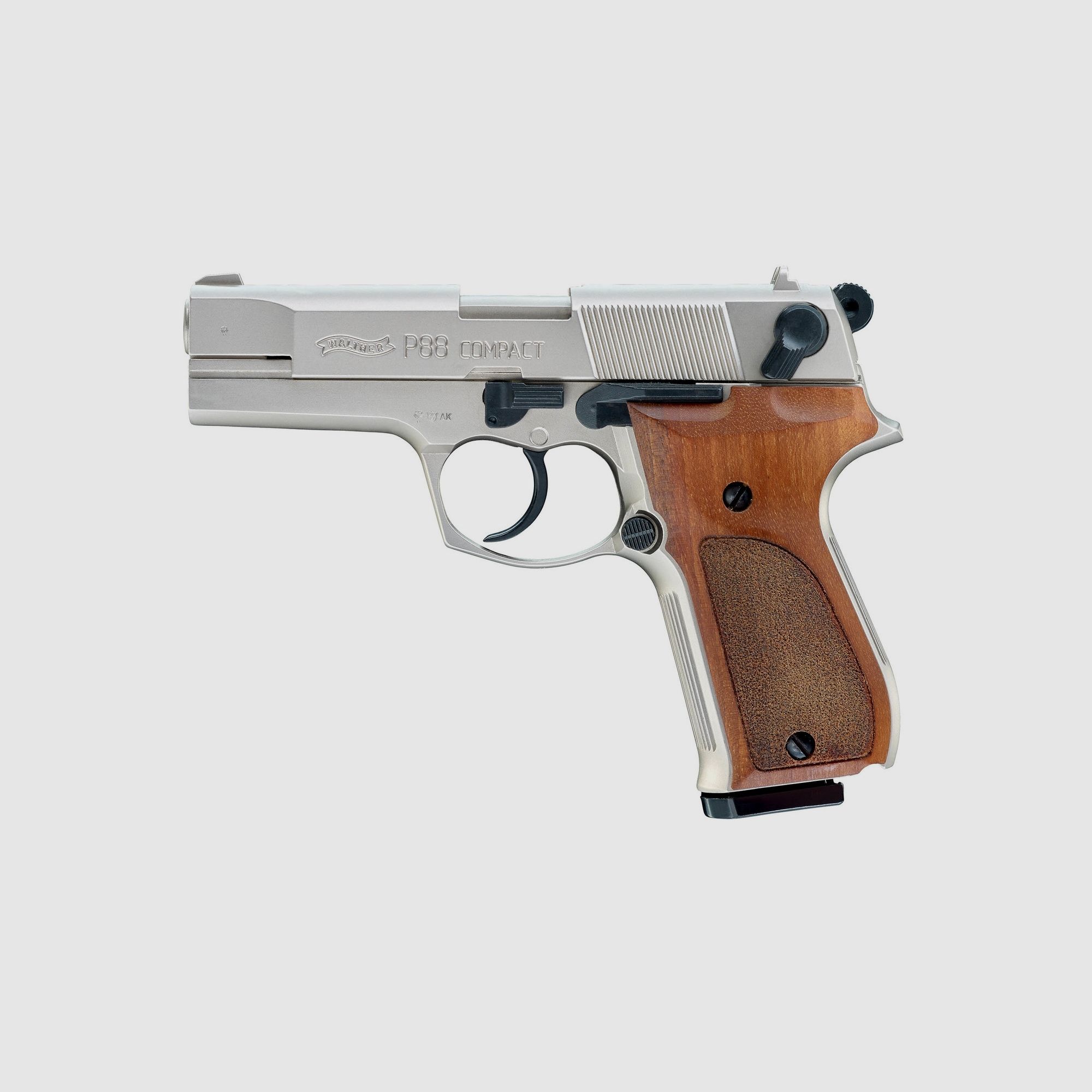 Walther P88- 10 schüssig 9mm P.A. vernickelt/ Holz