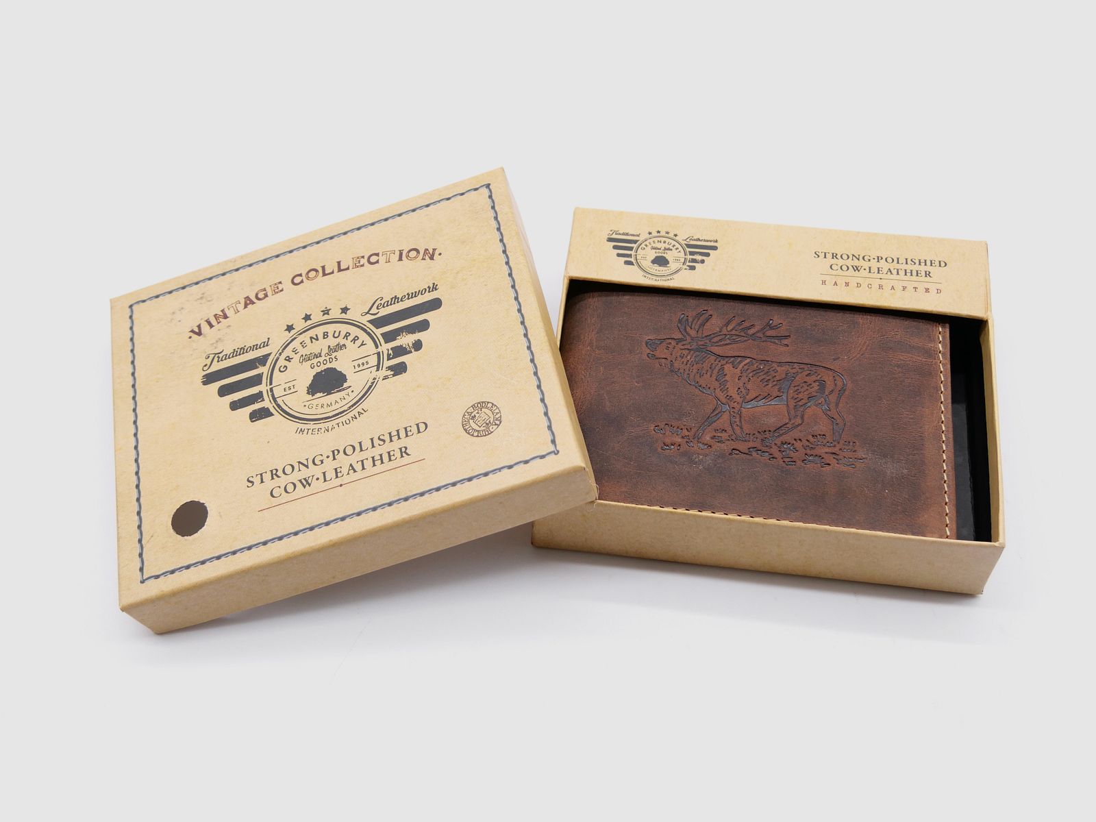 Billetera de cuero Greenburry marrón Vintage Animal Collection ciervo stag 1705-stag-25