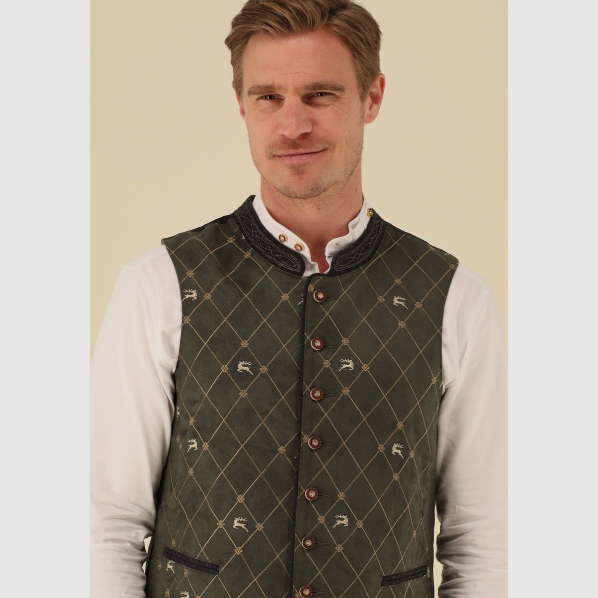 OS TRACHTEN Men's Vest Stand-Up Collar with Embroidery, 2 Pocket Flaps Olive