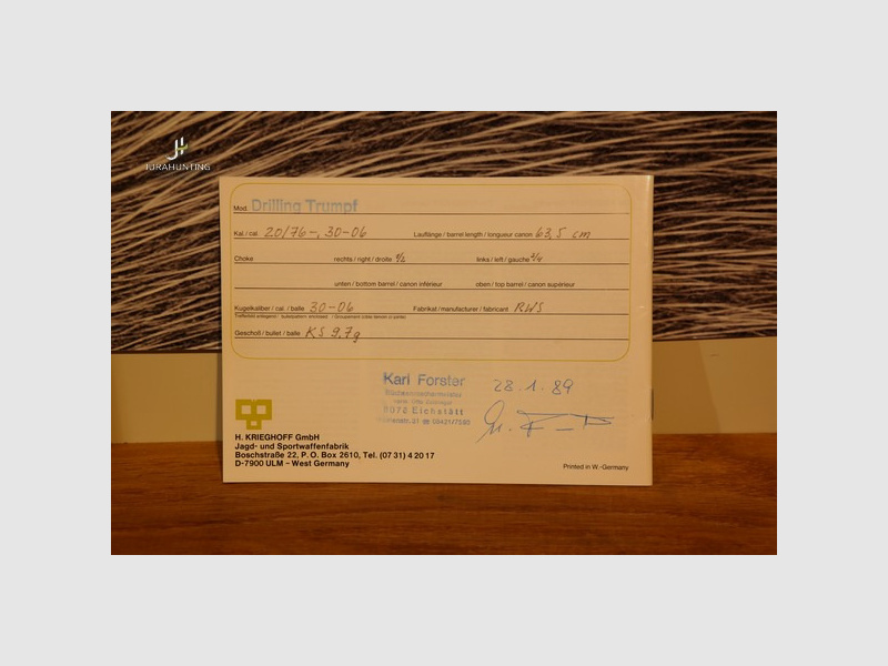 Krieghoff Trumpf; .30-06Spring, 20/76 EL 5,6x50R; Zeiss 3-12x56 Diavari-Z