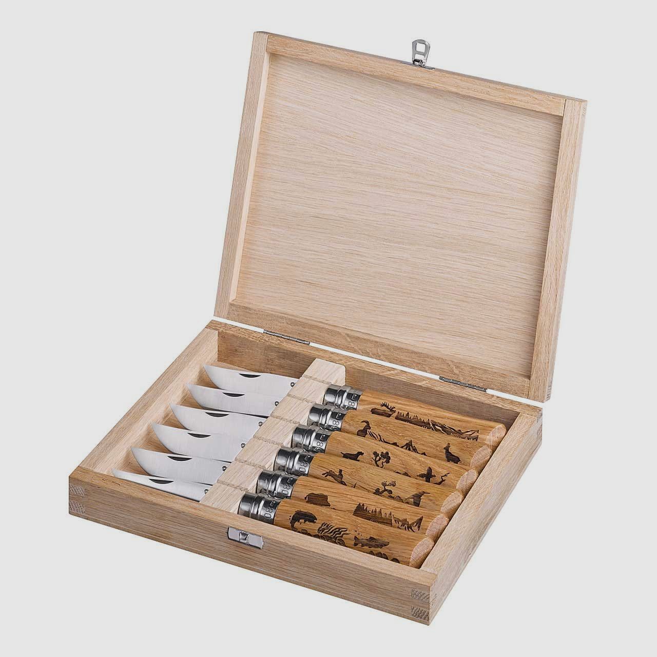 Opinel Taschenmesser N°08, Animalia Kollektion, Holzbox