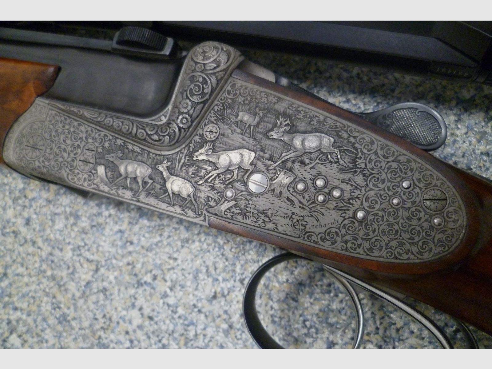 Seitenschloss - Bockdrilling Ludwig Borovnik Ferlach 16/70 & 7x65R & .22 Hornet