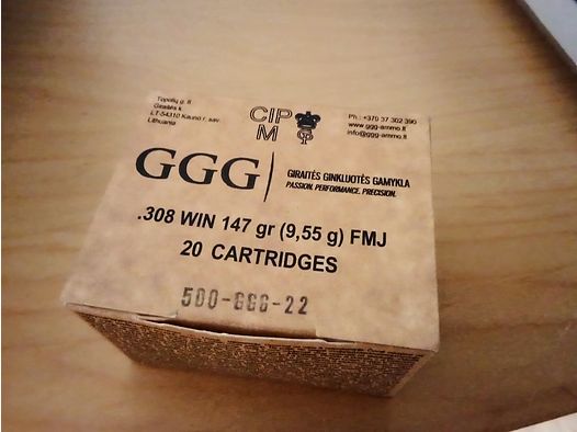 GGG .308Win 147 grs FMJ 32 x 20 pz., totale 640 pz.
