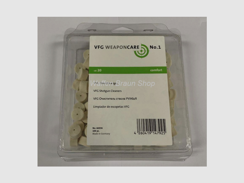 VFG barrel cleaner for shotguns "comfort". The barrel cleaners are made of pure merino wool felt.