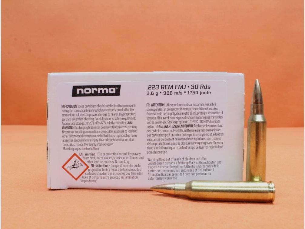 NORMA Patronen .223Rem NORMA 55grs FMJ TACT (2426882) 3,6g Volle Mantel 30 x VE 30 Patronen = 900 Patronen