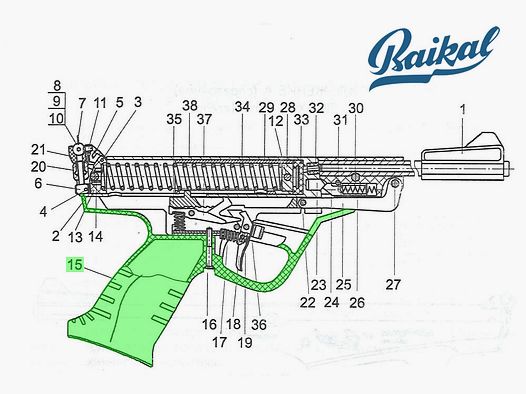 GriffstĂĽck- Ă¤ltere AusfĂĽhrung fĂĽr Baikal Luftpistole Modell 53 M, Ersatzteil