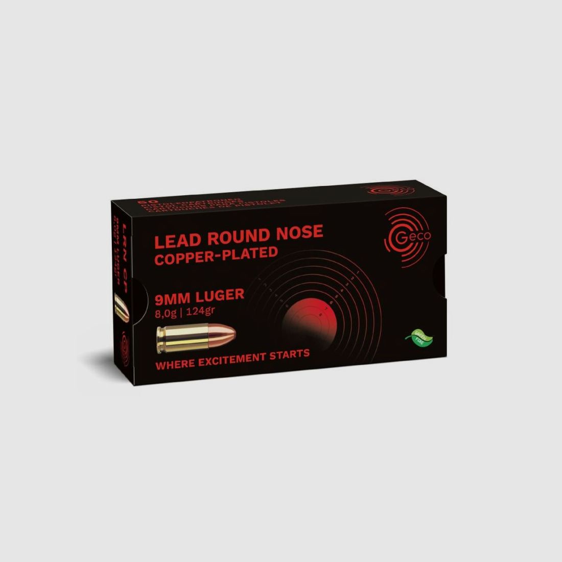 GECO 9 mm Luger Plomo Punta Redonda, chapado en cobre 8,0g/124gr - 50 cartuchos