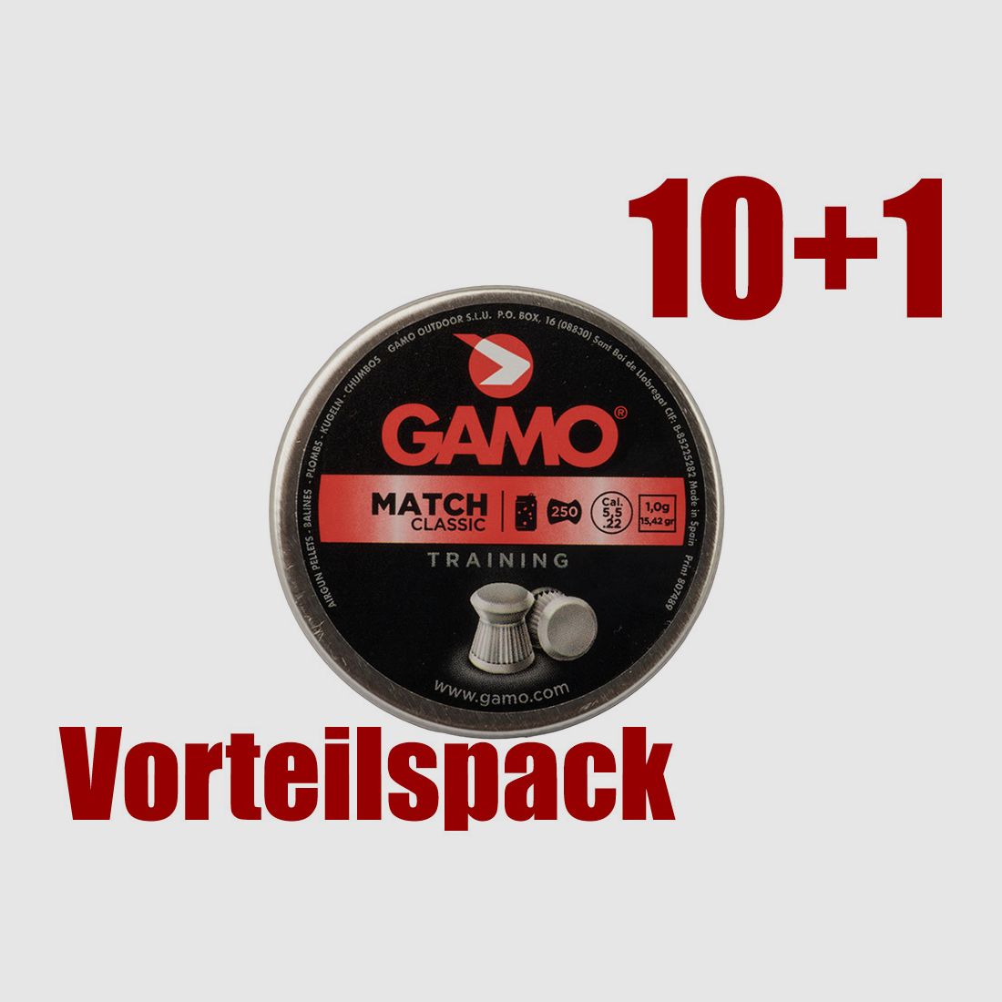 Vorteilspack 10+1 Flachkopf Diabolos Gamo Training Match Classic Kaliber 5,5 mm 1,0 g geriffelt 11 x 250 Schuss