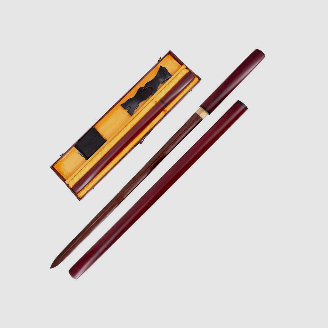 Katana Shirasaya Damast Czerwony w komplecie z drewnianą skrzynką