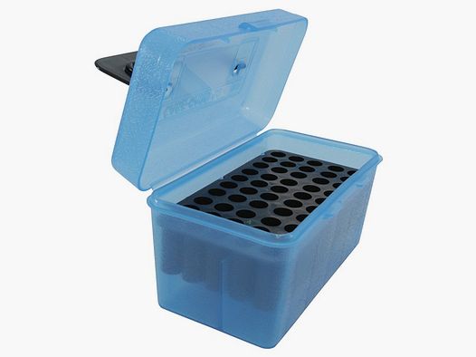 MTM Deluxe scatola per cartucce H50-R-MAG-24 blu trasparente con coperchio a ribalta e maniglia per 50 cartucce .257 e altre.